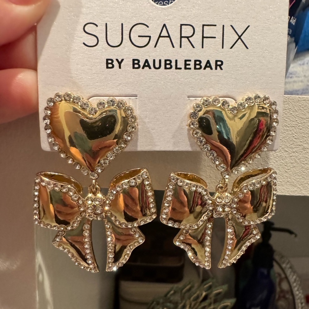 Baublebar “gold” and rhinestone bow and heart earrings brand new